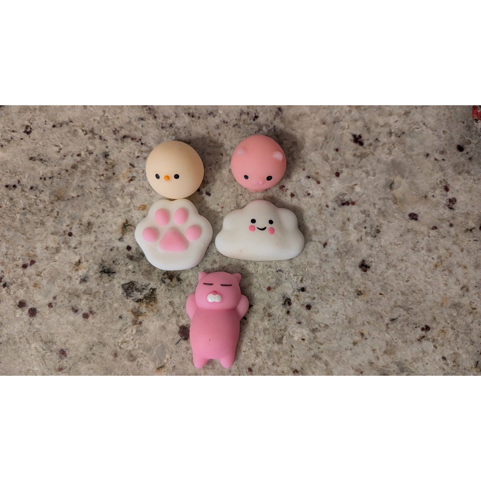 5 Squishy Toys happy chick, happy pig, paw, happy cloud, happy cat
