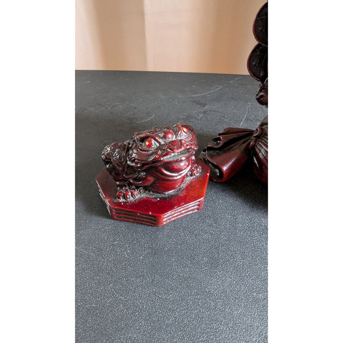 Vintage Red Resin Faux Cinnabar Feng Shui Laughing Buddha & Money Frog Set