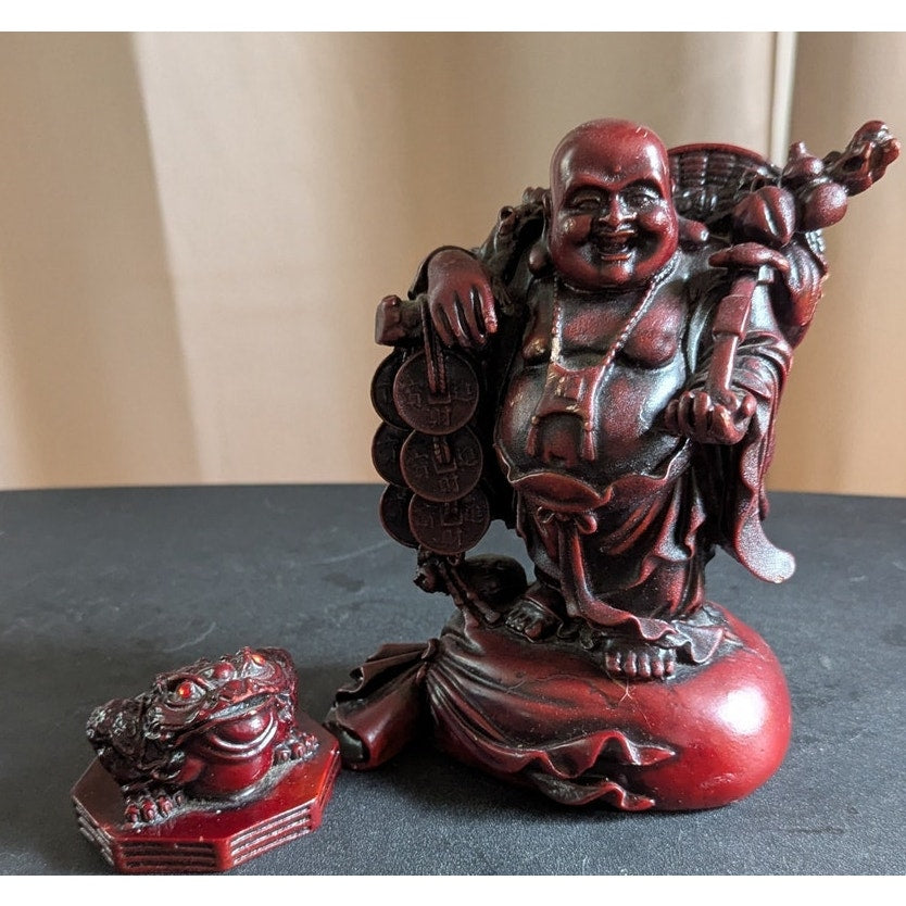 Vintage Red Resin Faux Cinnabar Feng Shui Laughing Buddha & Money Frog Set