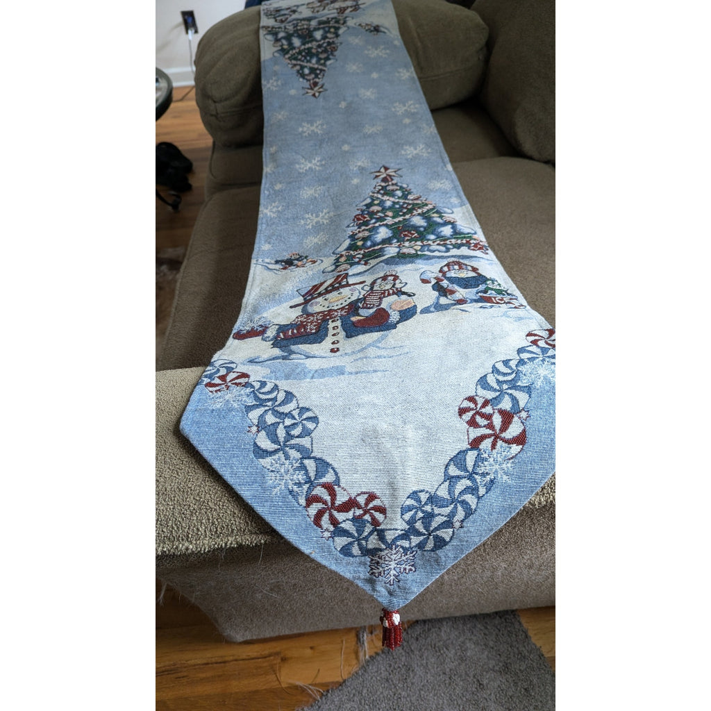 Vintage Christmas Tapestry Table Runner 6 Ft Holiday Snowman Penguin Beaded Tassel