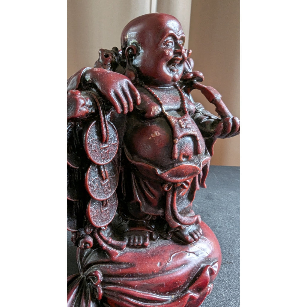 Vintage Red Resin Faux Cinnabar Feng Shui Laughing Buddha & Money Frog Set