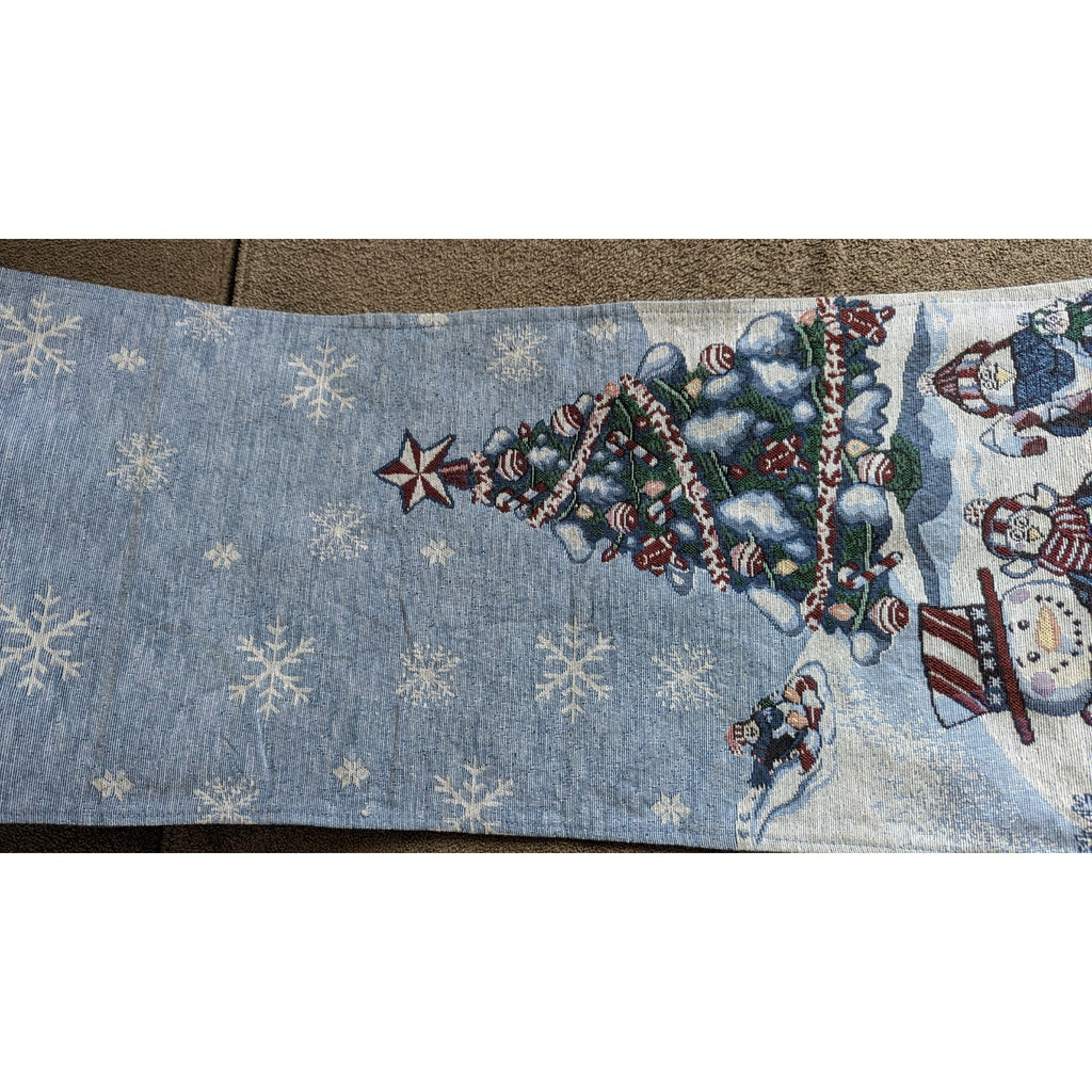 Vintage Christmas Tapestry Table Runner 6 Ft Holiday Snowman Penguin Beaded Tassel