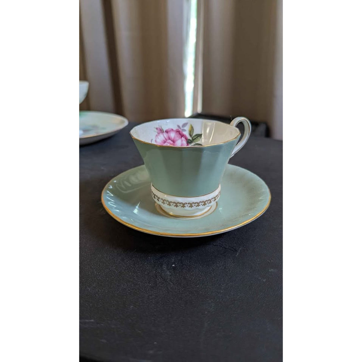 Vintage Aynsley Cabbage Rose Teacup & Saucer Set - Seafoam Green #2959
