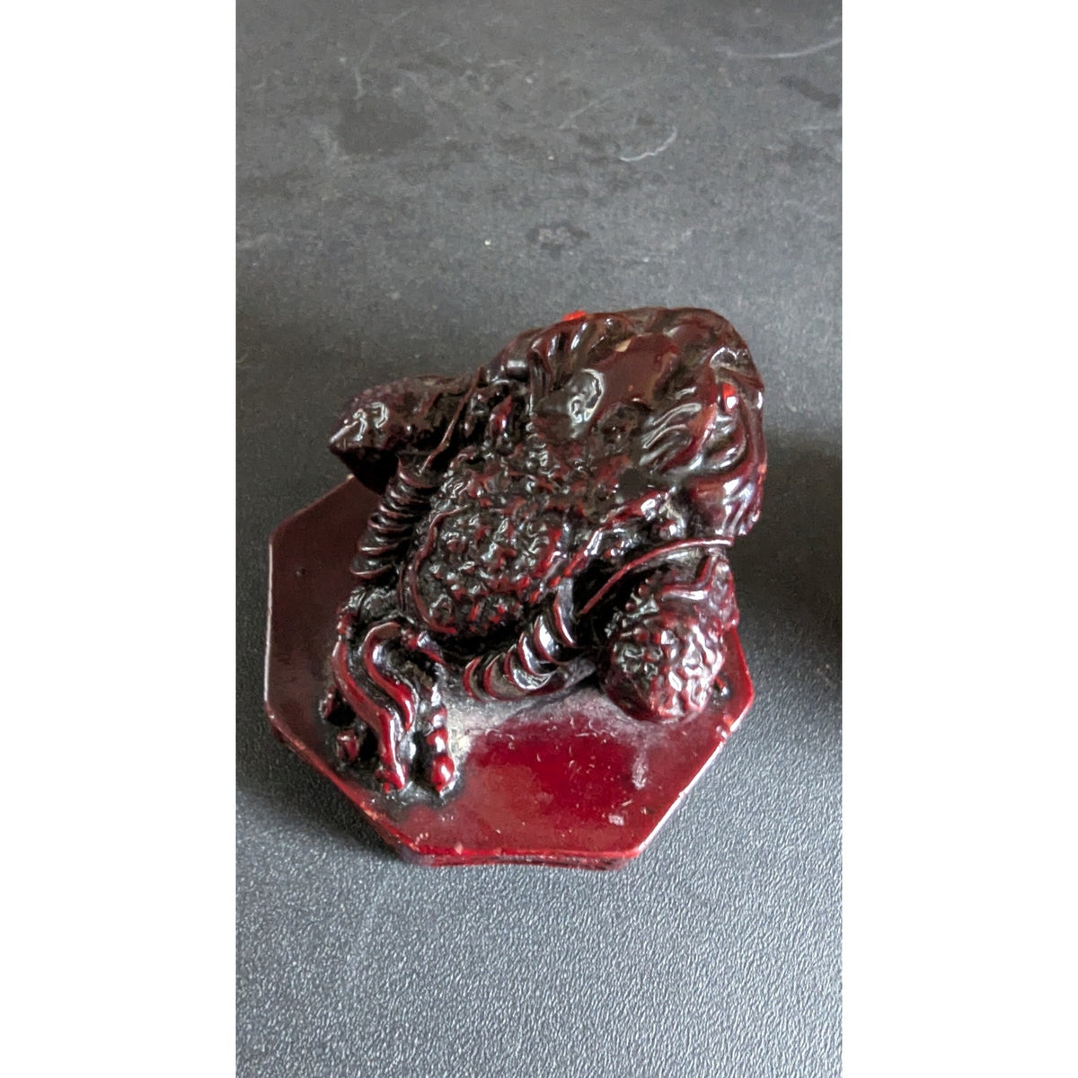 Vintage Red Resin Faux Cinnabar Feng Shui Laughing Buddha & Money Frog Set
