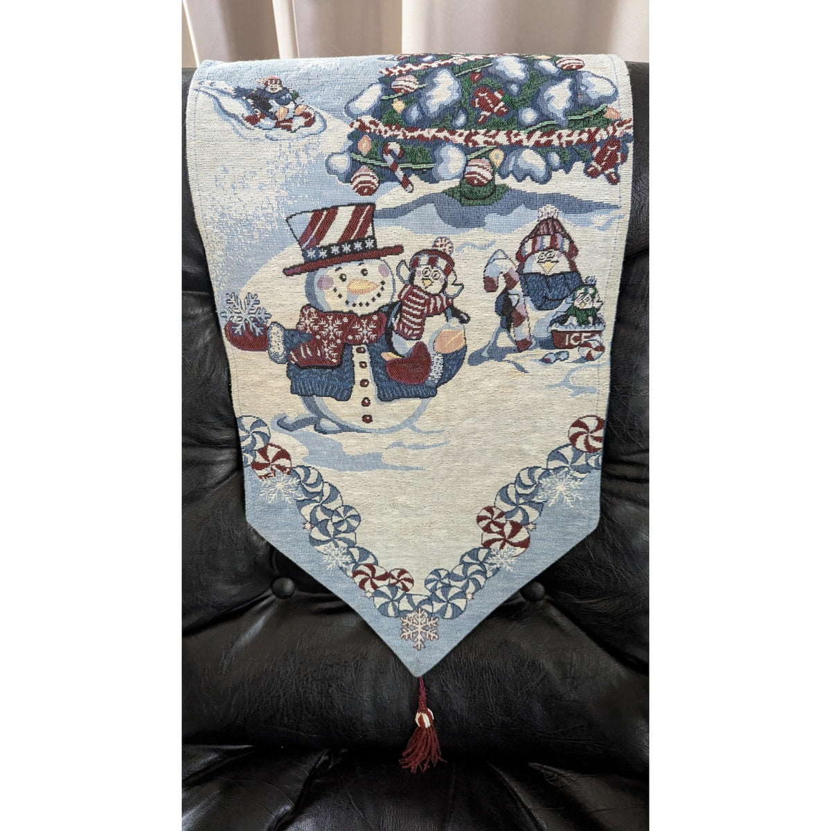 Vintage Christmas Tapestry Table Runner 6 Ft Holiday Snowman Penguin Beaded Tassel