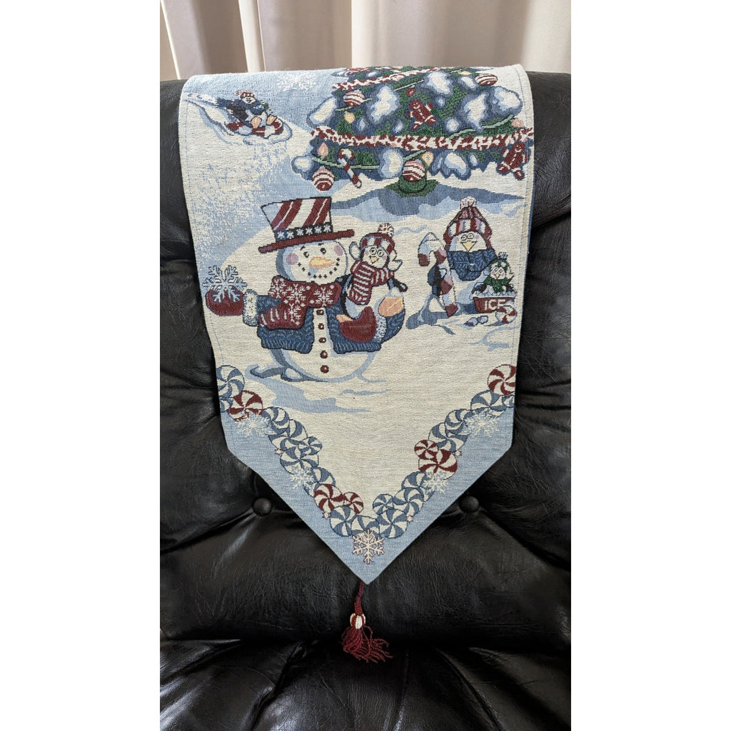 Vintage Christmas Tapestry Table Runner 6 Ft Holiday Snowman Penguin Beaded Tassel