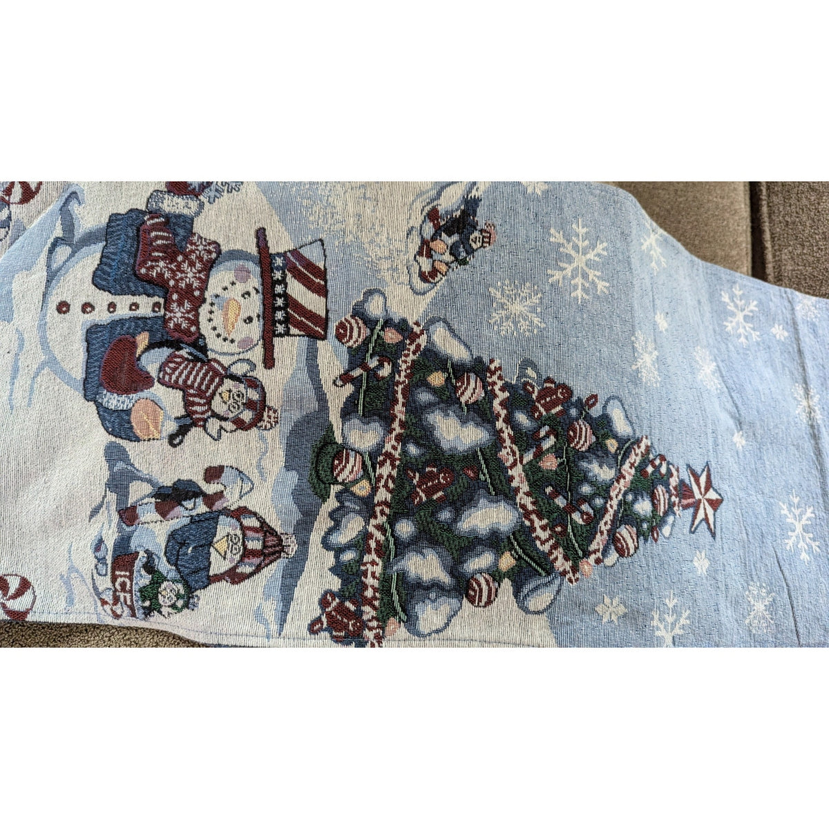 Vintage Christmas Tapestry Table Runner 6 Ft Holiday Snowman Penguin Beaded Tassel