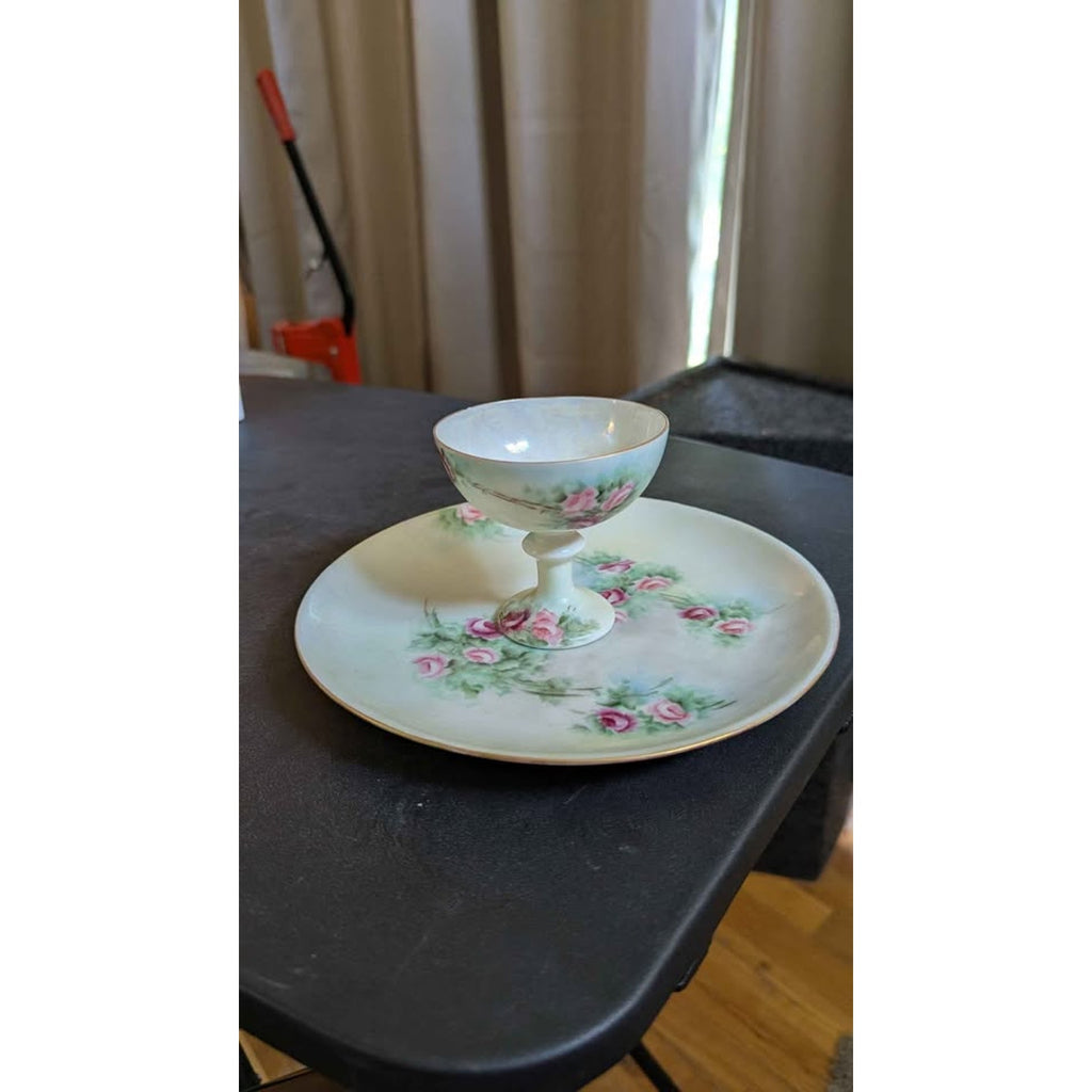 Antique 1921 Rosenthal Germany Attached Porcelain Egg Cup & Saucer Tray