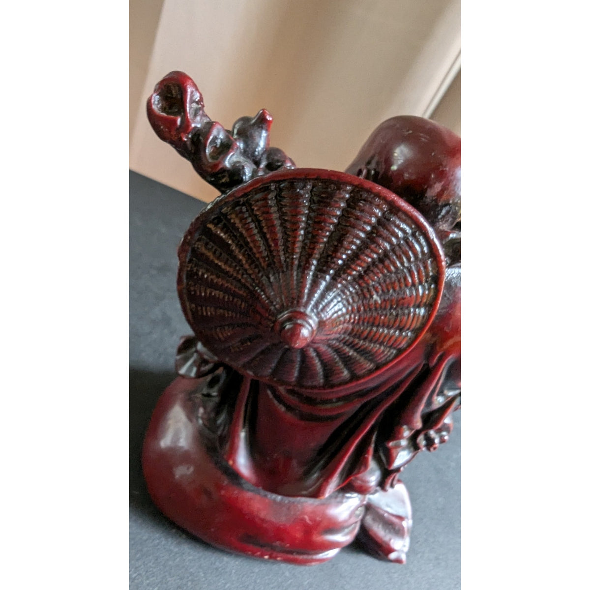 Vintage Red Resin Faux Cinnabar Feng Shui Laughing Buddha & Money Frog Set