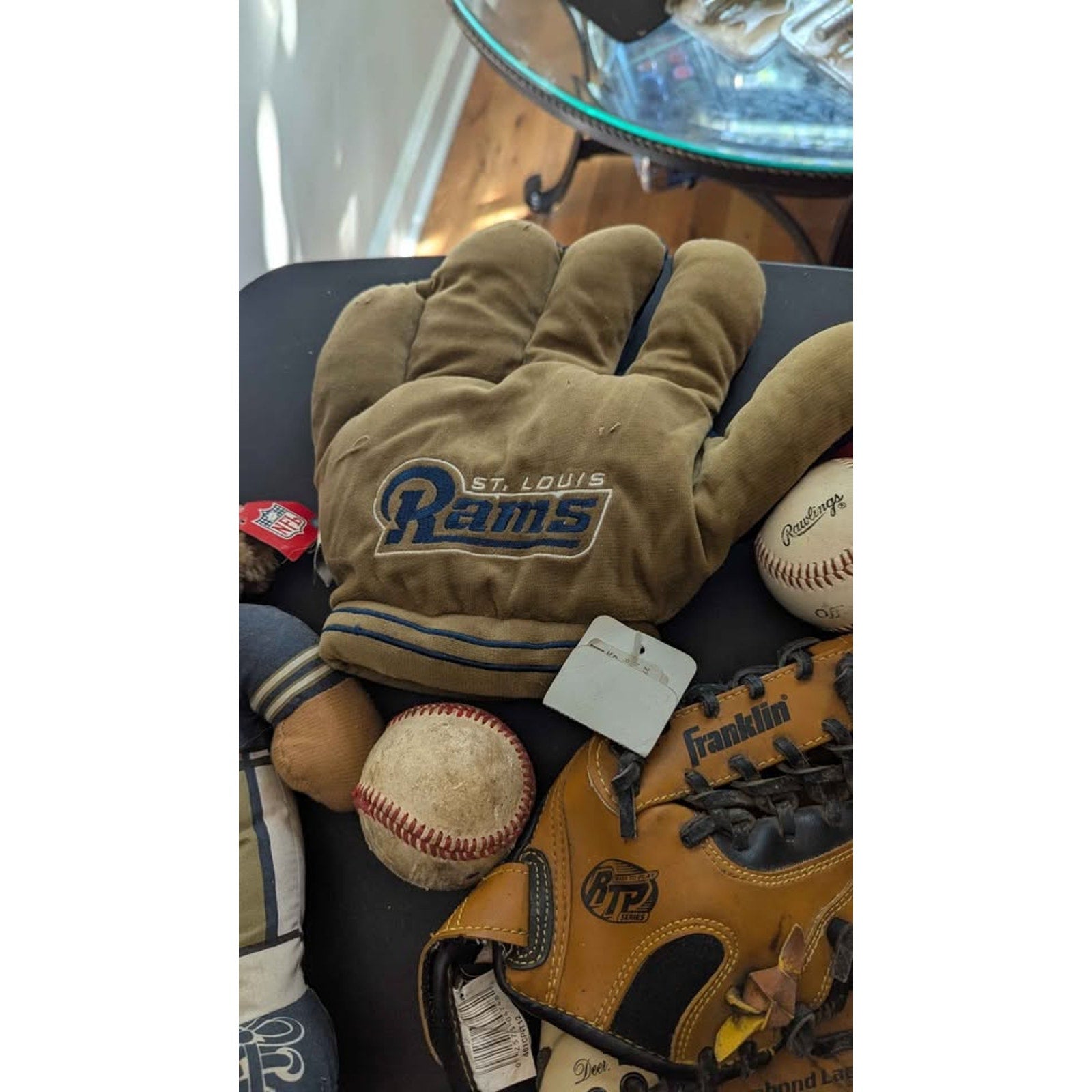 Vintage Sports Fan Lot - Cardinals & Rams Plush Gloves + Franklin Baseball Glove