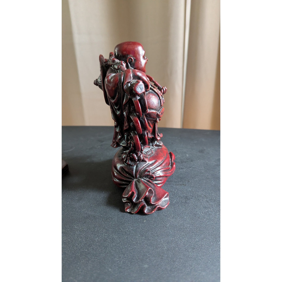 Vintage Red Resin Faux Cinnabar Feng Shui Laughing Buddha & Money Frog Set