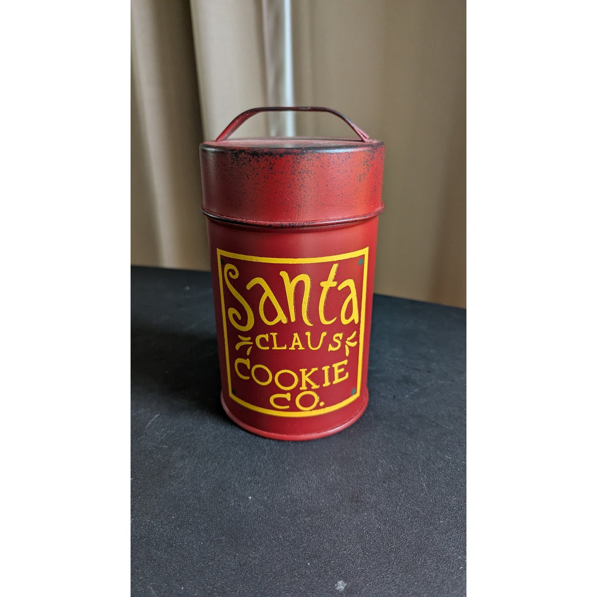 Vintage-Style Red "Santa Claus Cookie Co." Metal Christmas Tin with Lid Handle