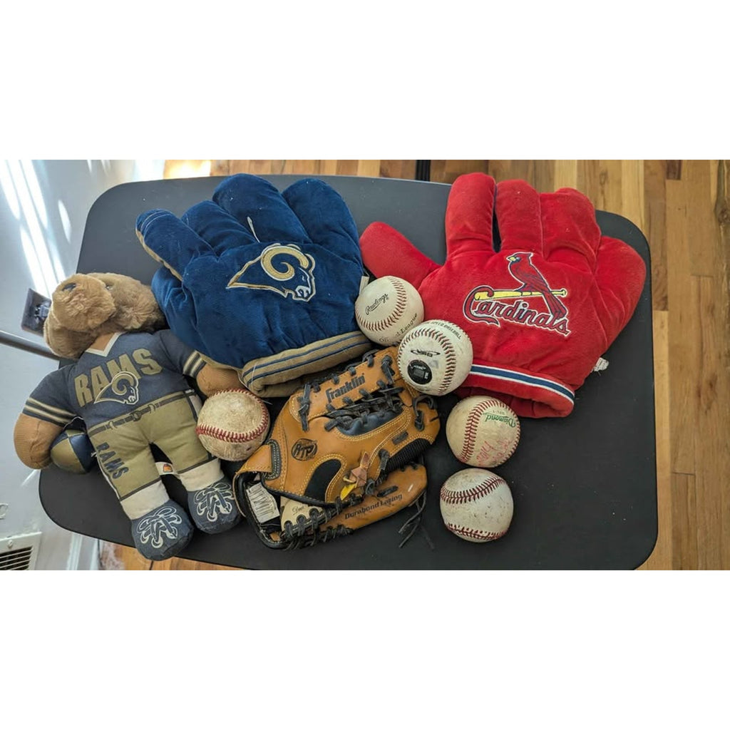Vintage Sports Fan Lot - Cardinals & Rams Plush Gloves + Franklin Baseball Glove