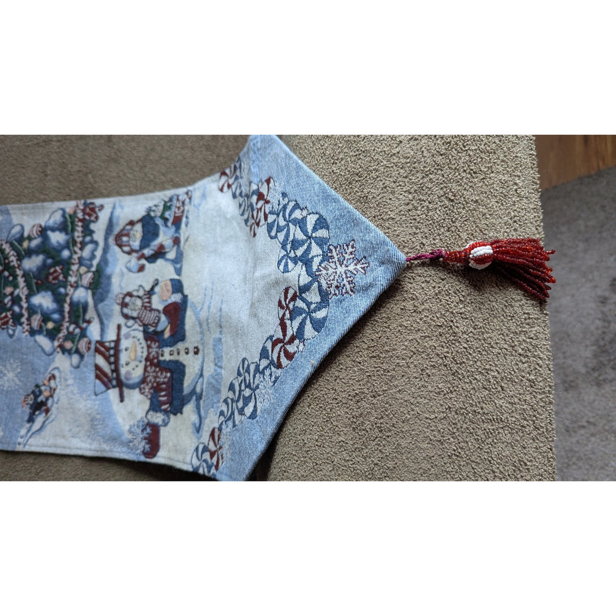 Vintage Christmas Tapestry Table Runner 6 Ft Holiday Snowman Penguin Beaded Tassel