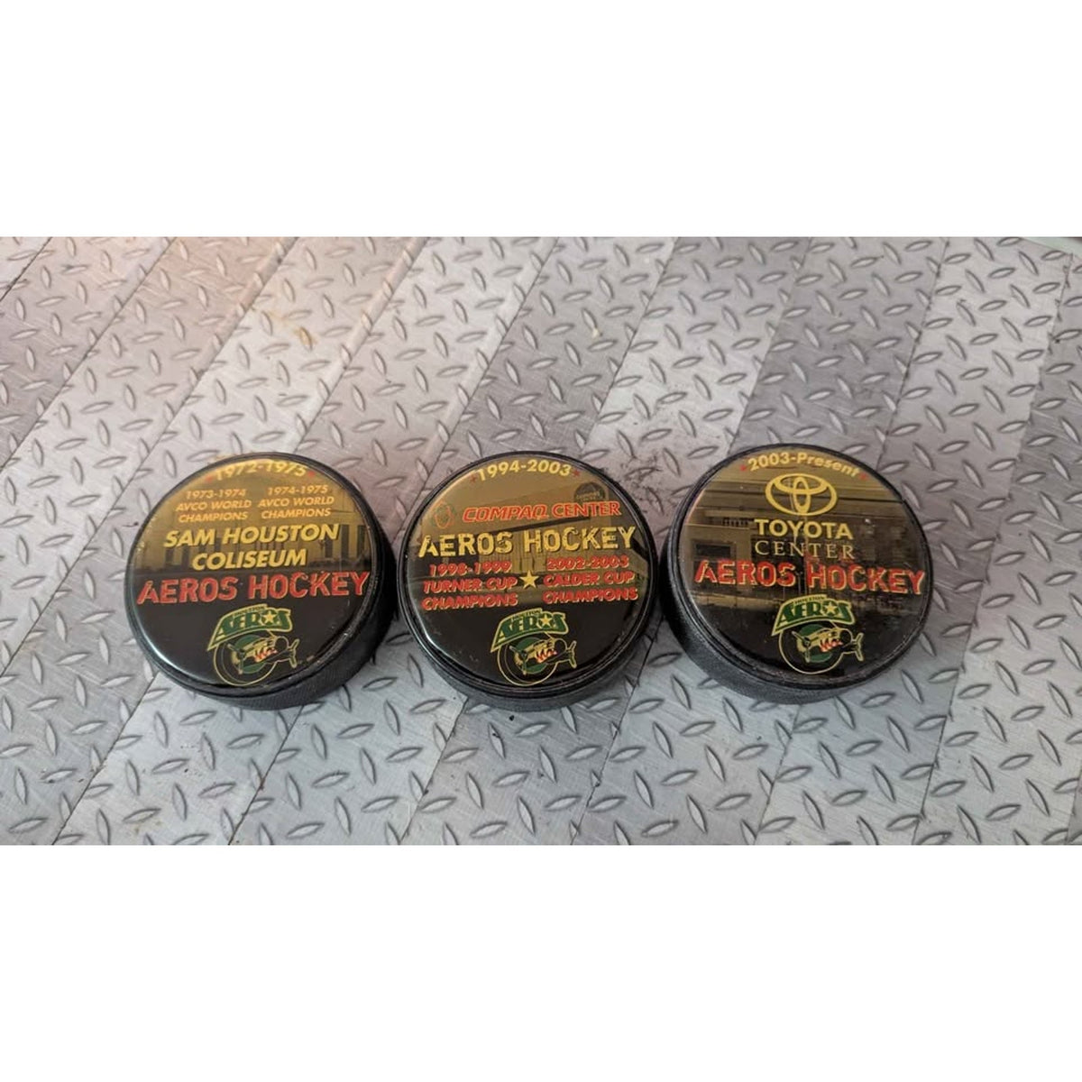 Rare Houston Aeros Commemorative Hockey Puck Set (3 Pucks)