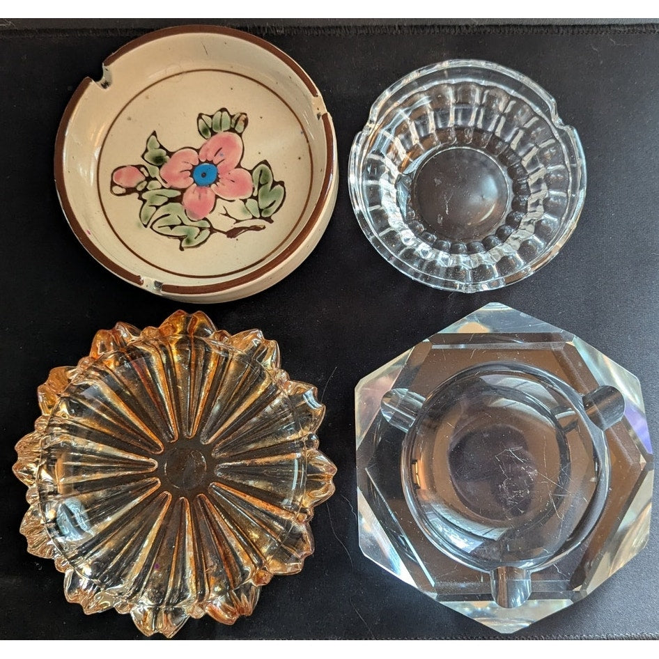 Vintage Ashtray Lot of 4 - Mid-Century Modern Ceramic Floral, Amber Sunburst & Clear Glass Cut Crystal Tobacciana Catchall Dishes