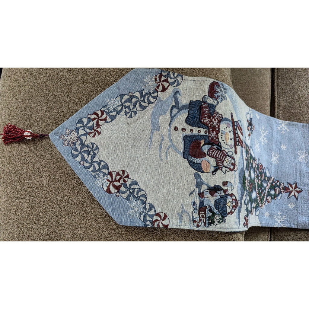 Vintage Christmas Tapestry Table Runner 6 Ft Holiday Snowman Penguin Beaded Tassel
