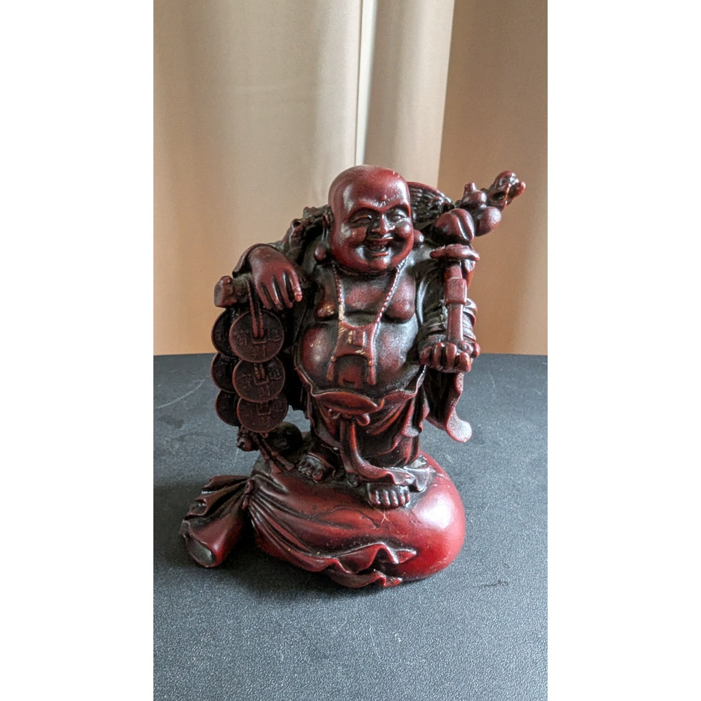 Vintage Red Resin Faux Cinnabar Feng Shui Laughing Buddha & Money Frog Set