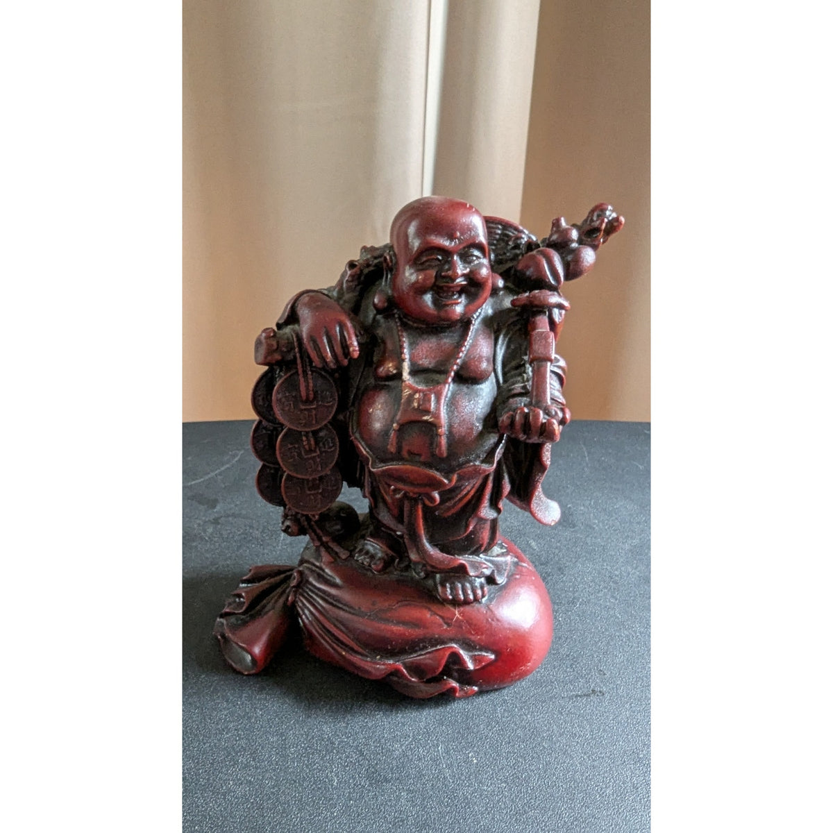 Vintage Red Resin Faux Cinnabar Feng Shui Laughing Buddha & Money Frog Set