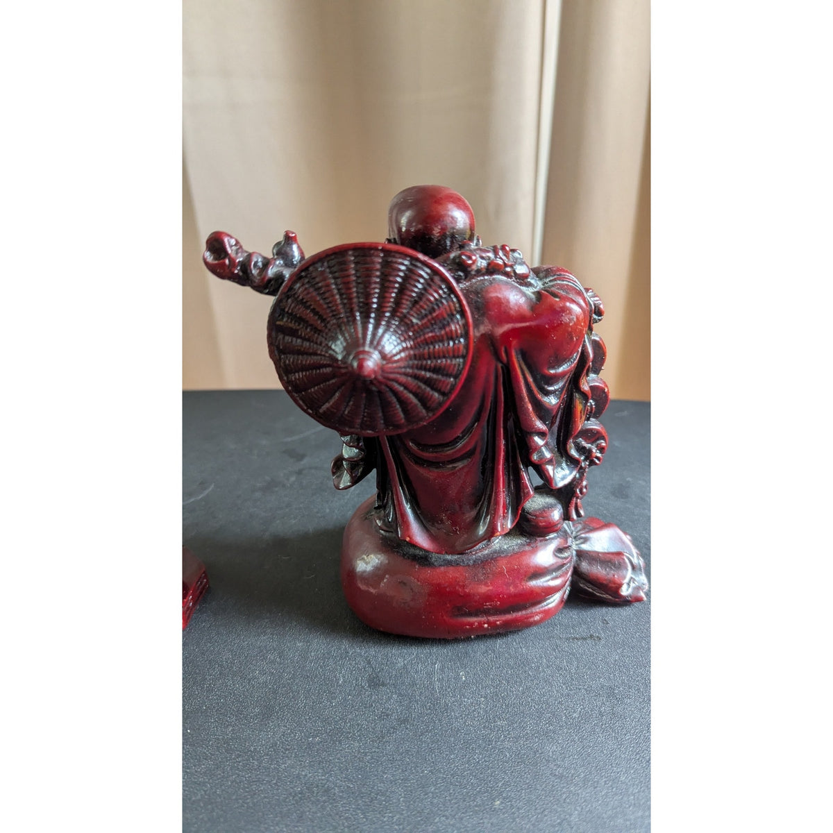 Vintage Red Resin Faux Cinnabar Feng Shui Laughing Buddha & Money Frog Set