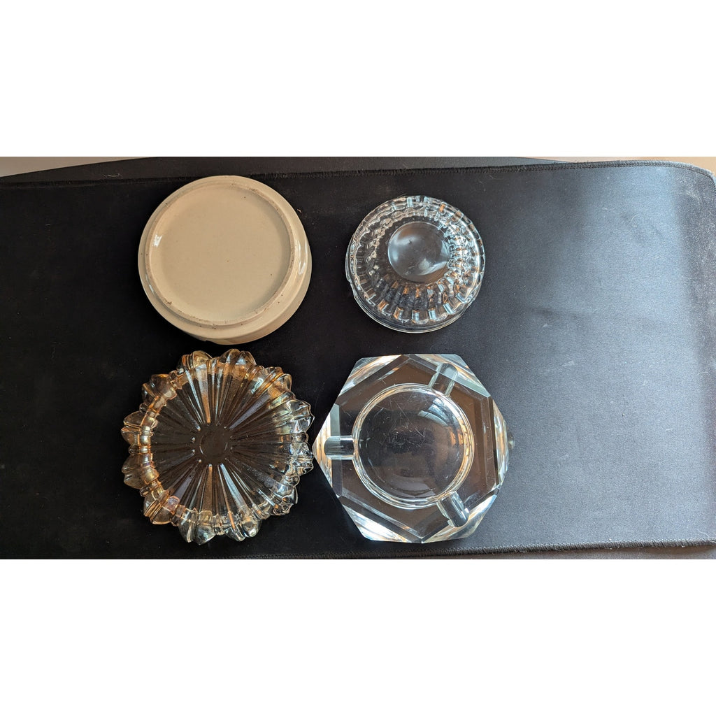 Vintage Ashtray Lot of 4 - Mid-Century Modern Ceramic Floral, Amber Sunburst & Clear Glass Cut Crystal Tobacciana Catchall Dishes
