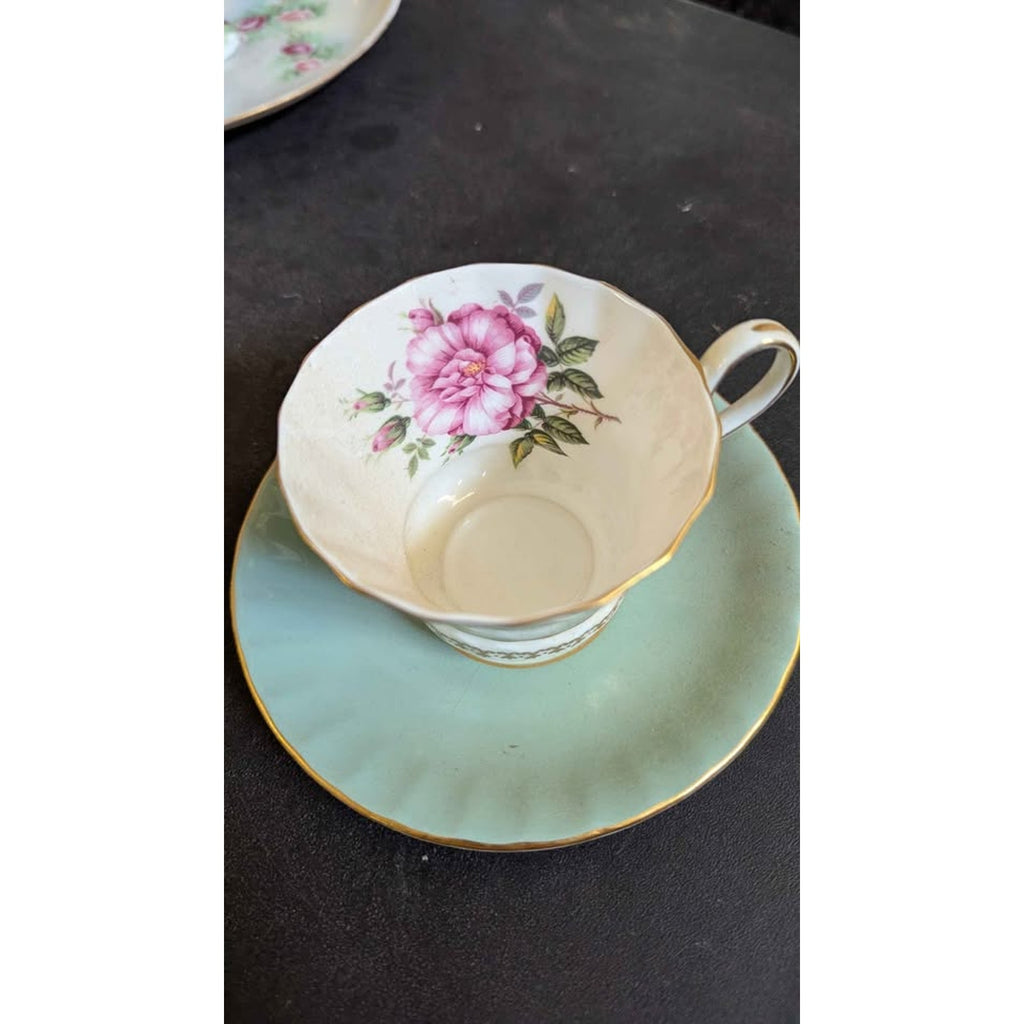 Vintage Aynsley Cabbage Rose Teacup & Saucer Set - Seafoam Green #2959