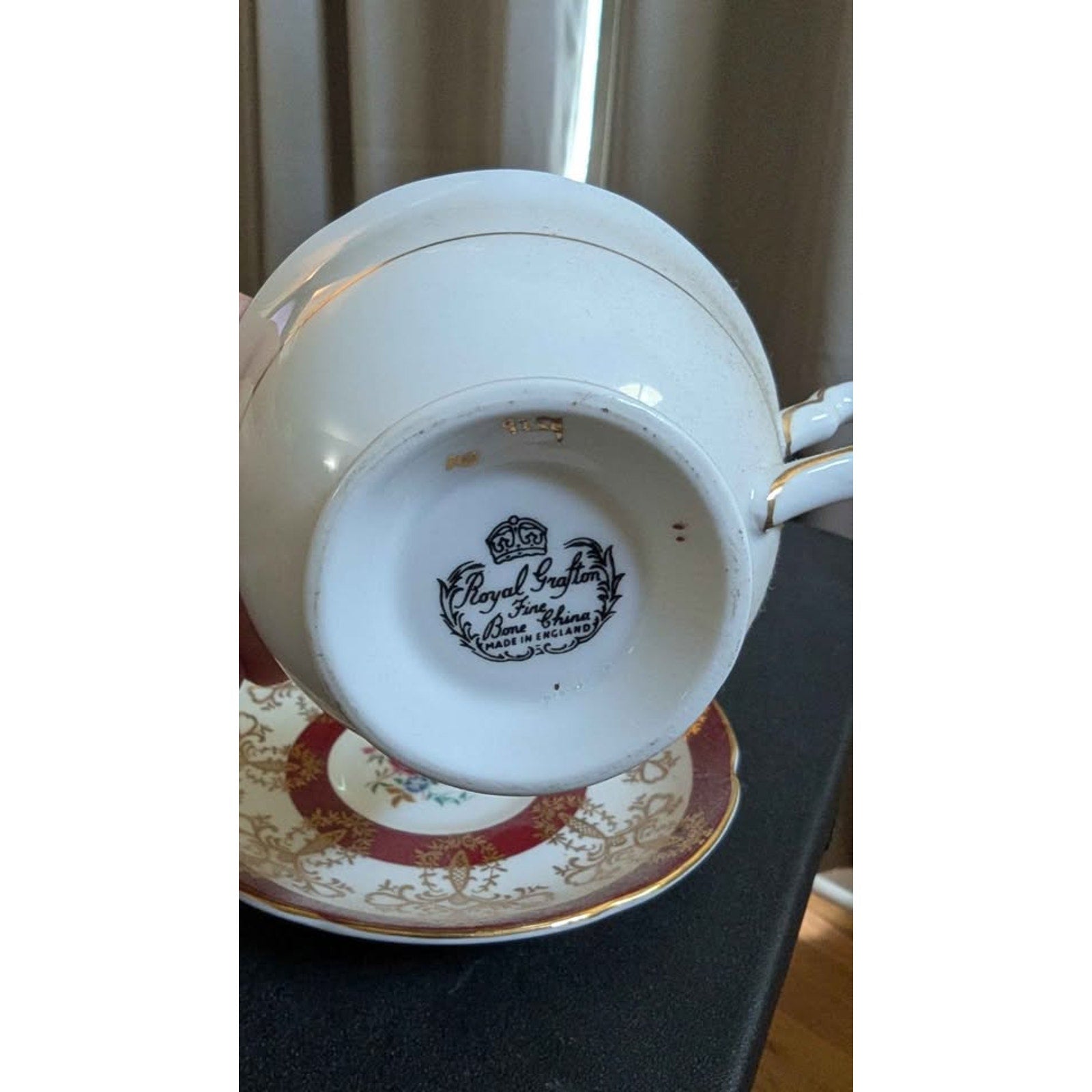 Vintage Royal Grafton Teacup and Saucer Set - Burgundy & Gold Pattern 9142