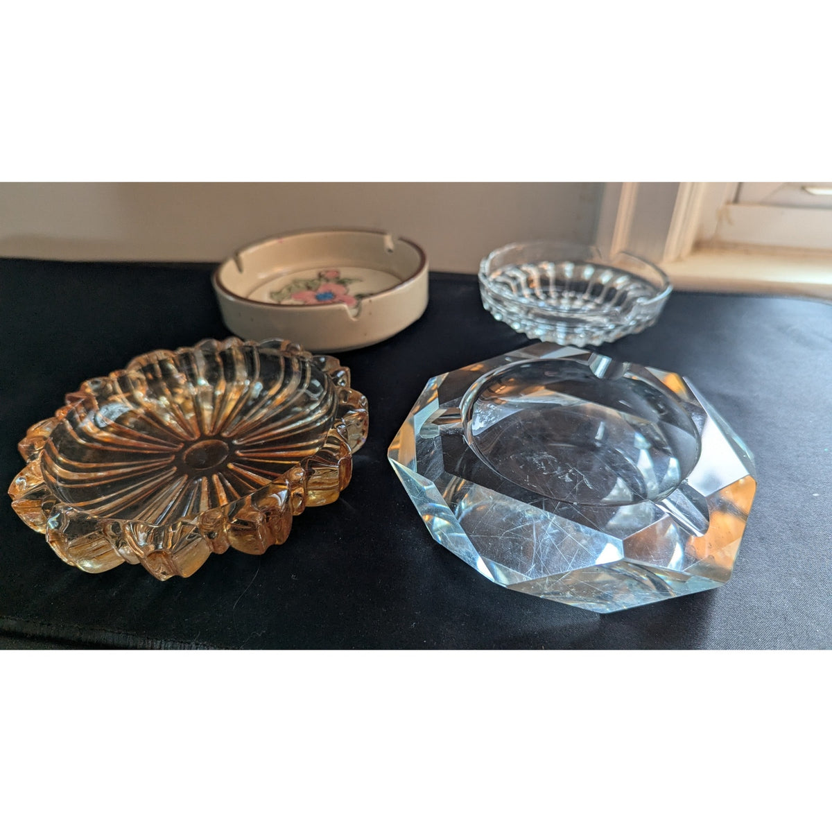 Vintage Ashtray Lot of 4 - Mid-Century Modern Ceramic Floral, Amber Sunburst & Clear Glass Cut Crystal Tobacciana Catchall Dishes